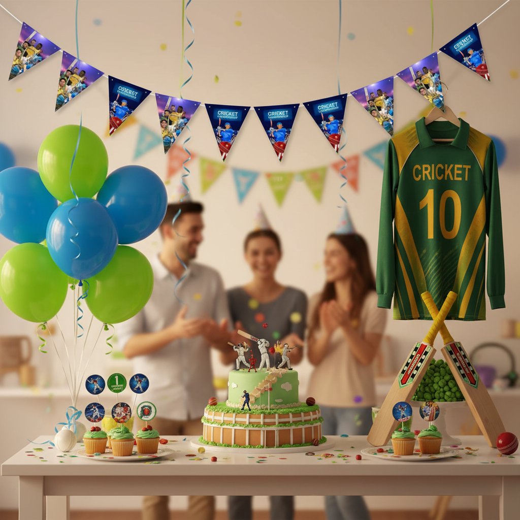 Cricket Championship bunting at cricket themed birthday party with bat ball and cake decorations