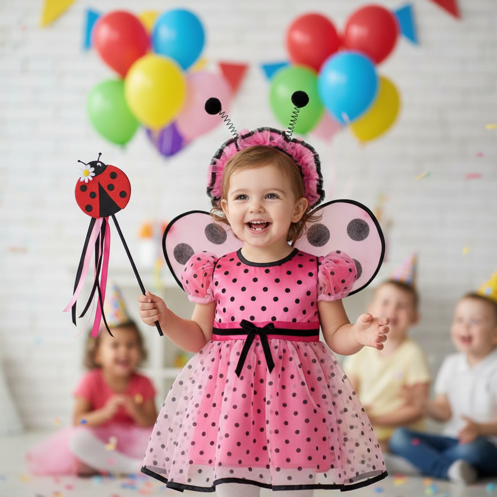 Lady Bug Pink & White Costume w/ Wings for Kids