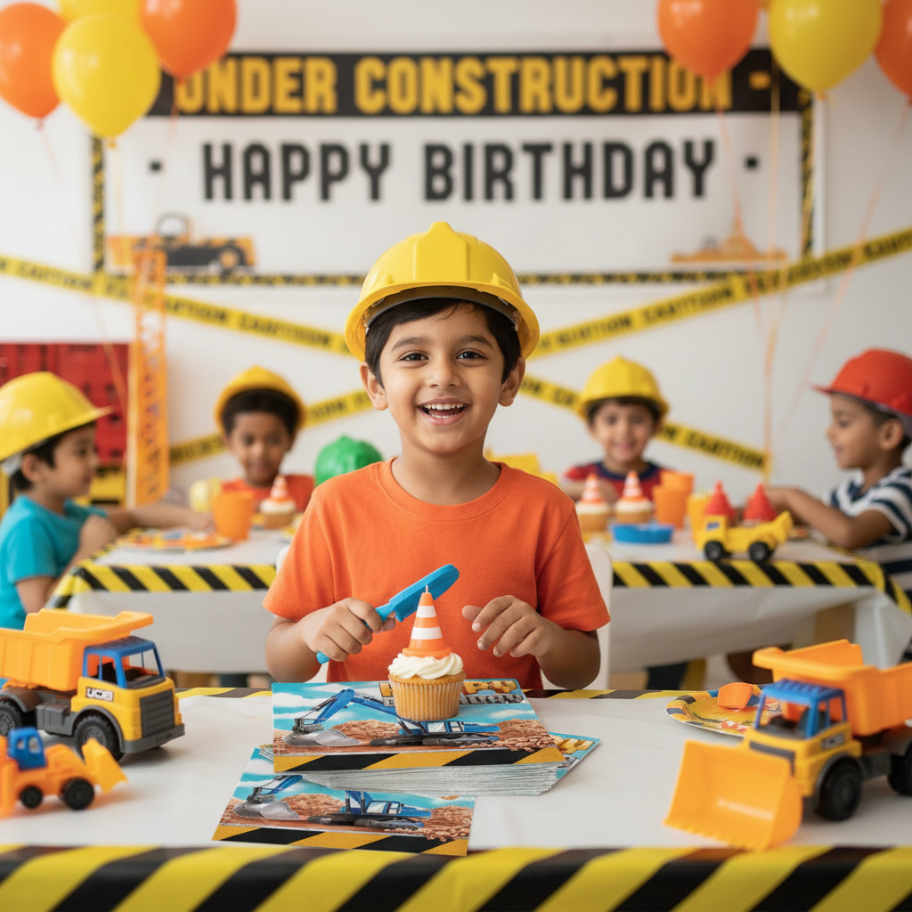 Boy at under construction themed birthday party with napkins