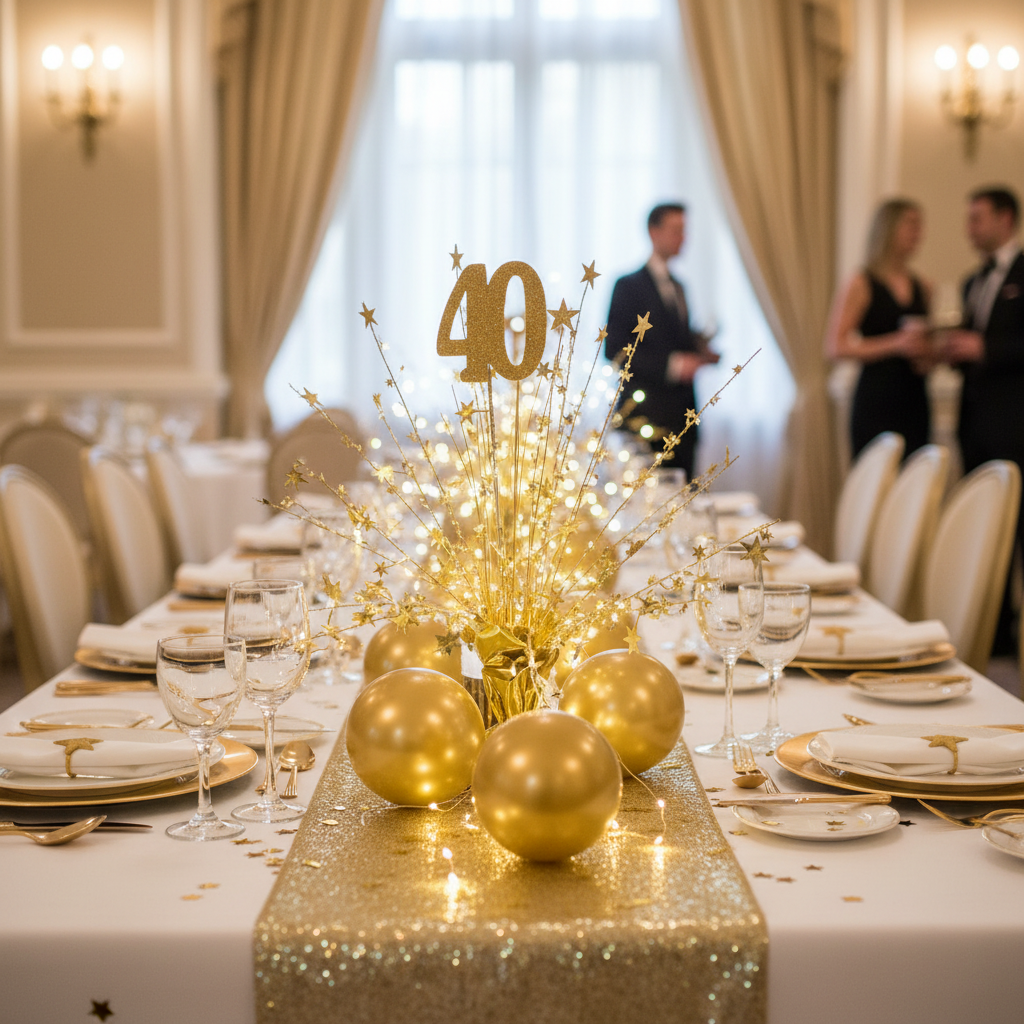Glamorous 40th birthday party table with gold starburst centerpiece number 40 topper gold balloons and confetti