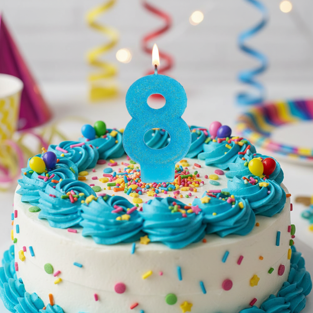 Blue glitter number 8 candle on white birthday cake with blue frosting and sprinkles