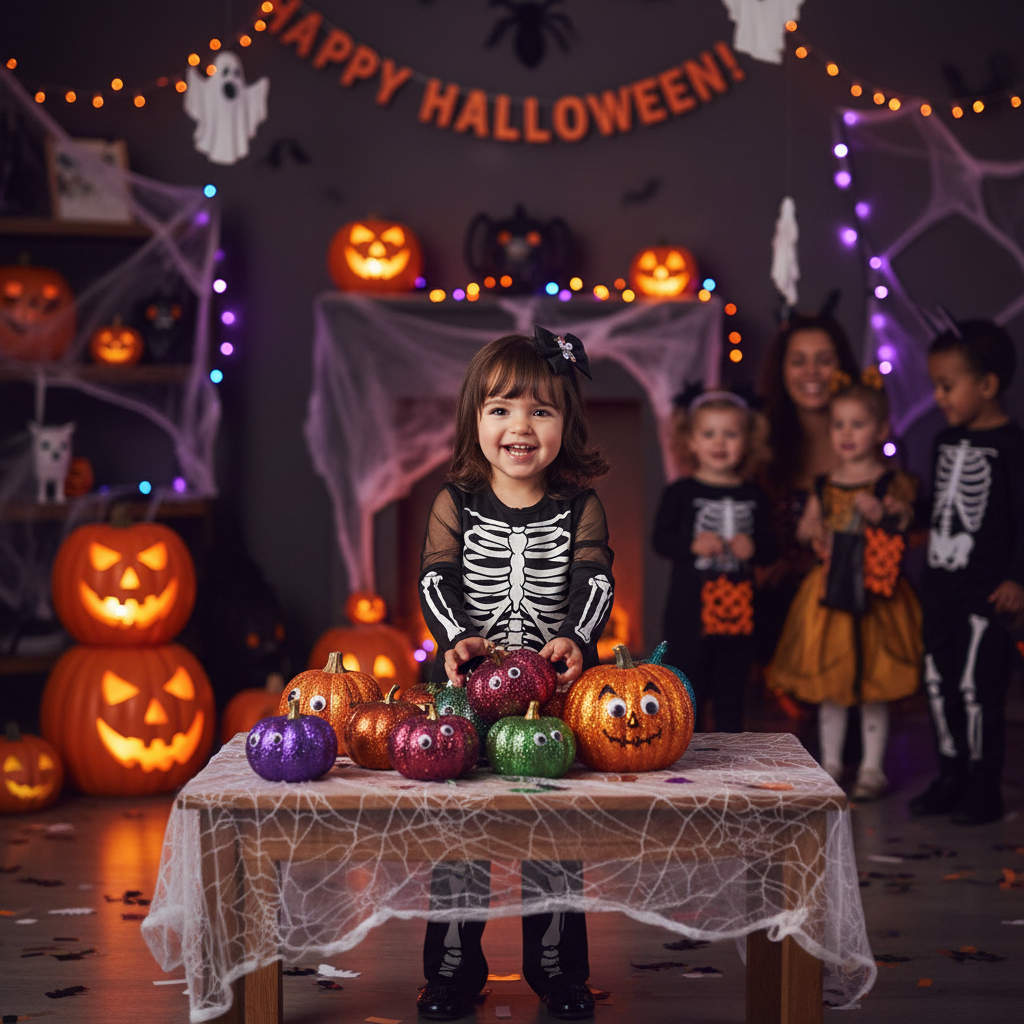 Cute toddler girl wearing black and white skeleton printed Halloween costume with bow headband at Halloween party