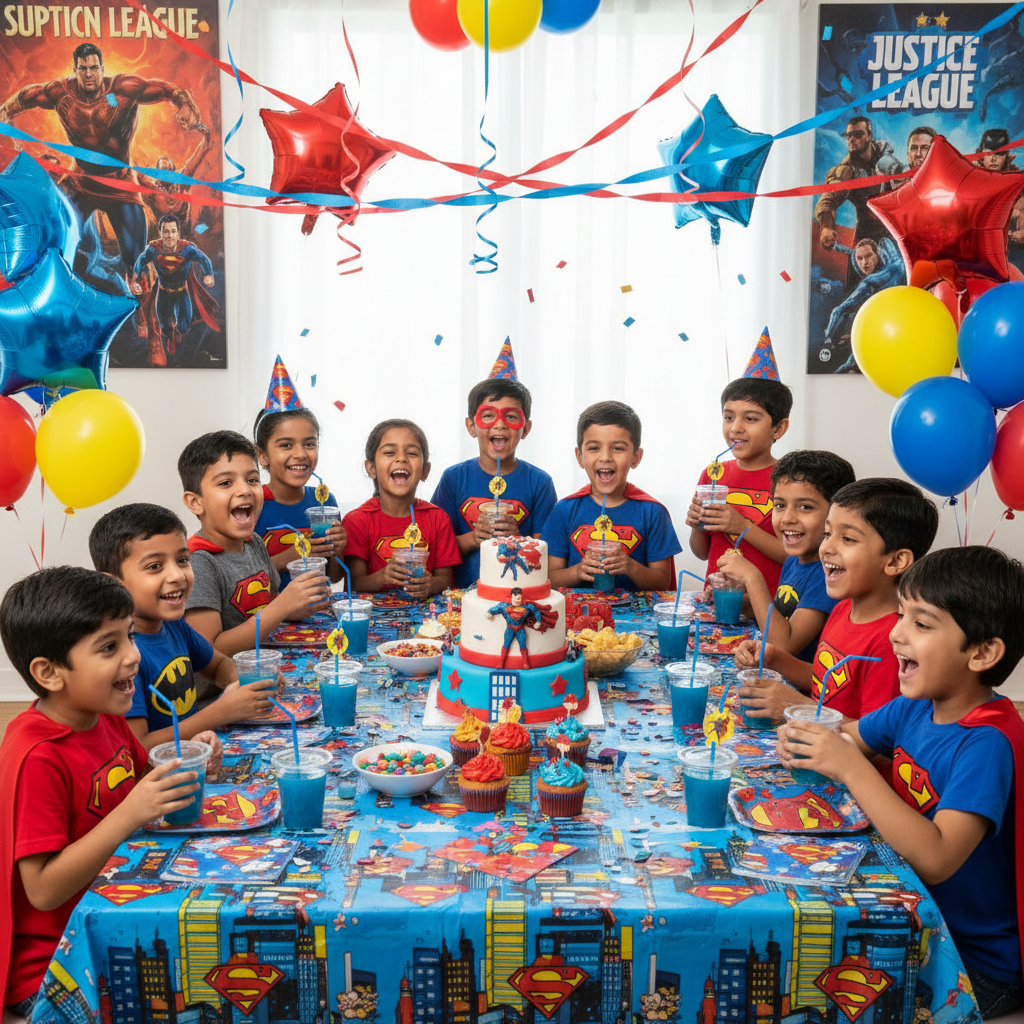 Kids at Superman themed birthday party with Superman straws