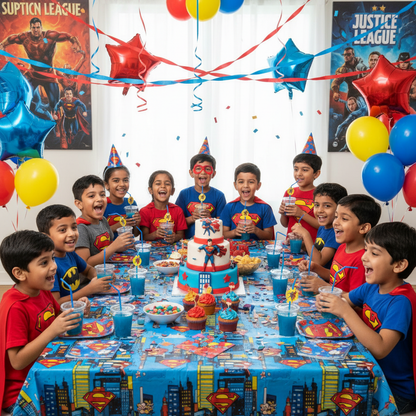 Kids at Superman themed birthday party with Superman straws