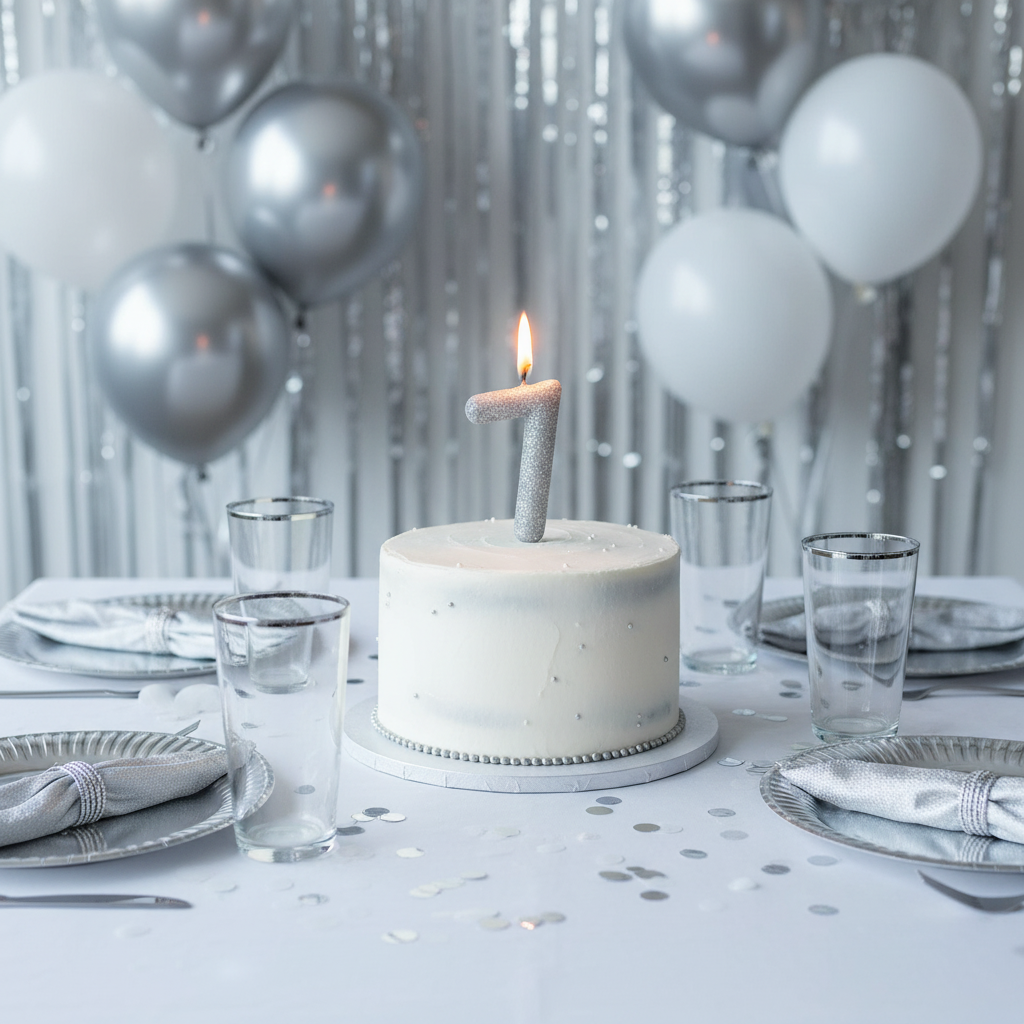 Silver glitter number 7 candle lit on white frosted birthday cake with silver balloons