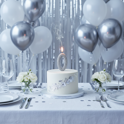 Silver glitter number 0 candle lit on white frosted birthday cake with silver balloons