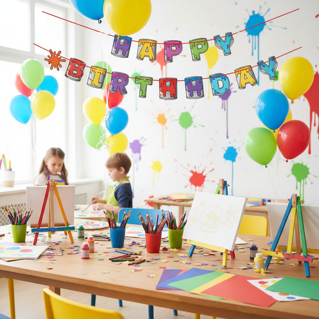 Art Attack Happy Birthday Letter Banner at Kids Art Themed Birthday Party