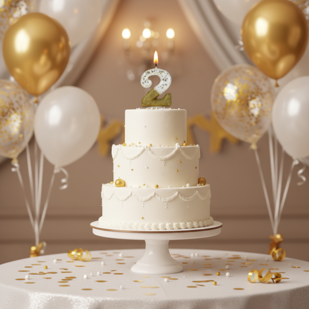 Semi glitter gold and white number 2 candle lit on white frosted birthday cake with gold balloons