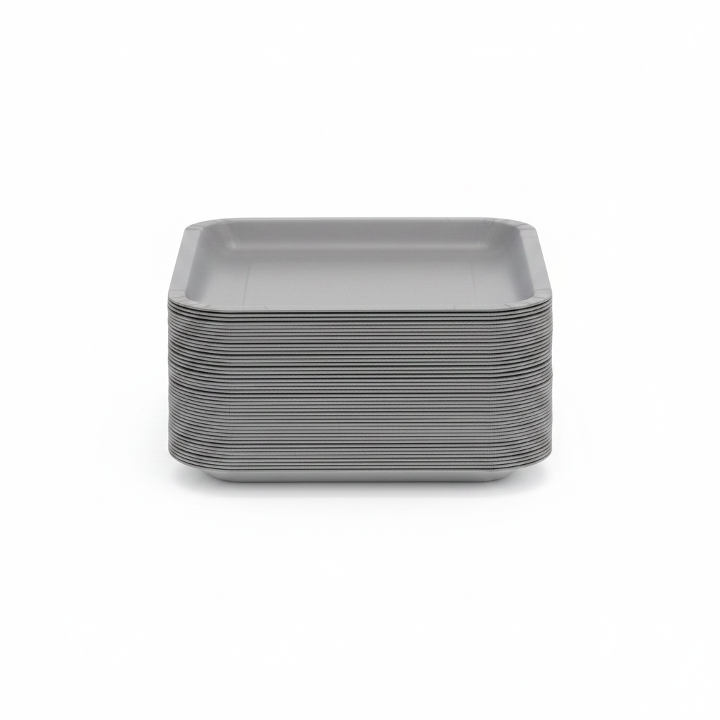 Flat lay of 8 square grey paper plates on white background