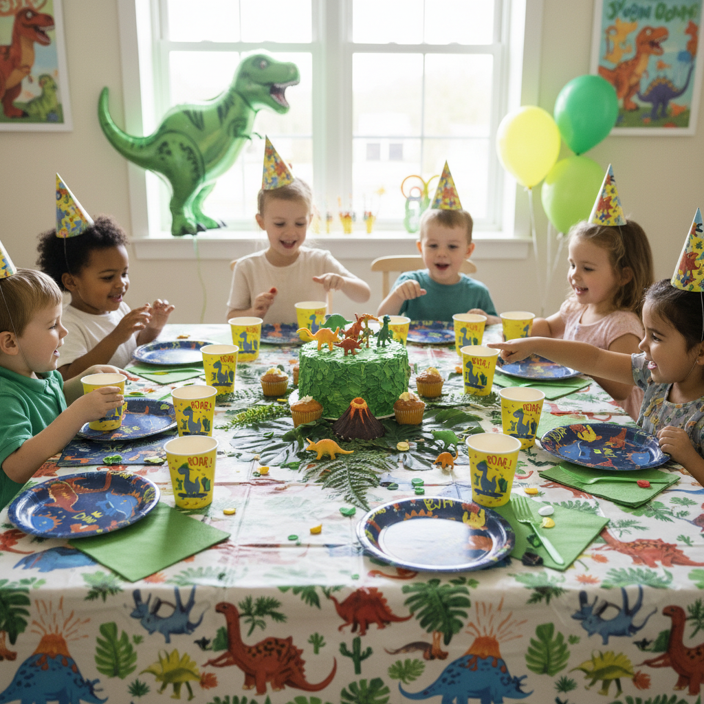 Dinosaur Theme Paper Cups on Kids Dinosaur Themed Birthday Party Table