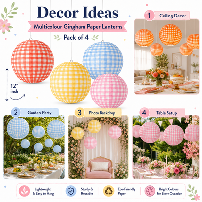 Multicolour Gingham Paper Lanterns - 4PC