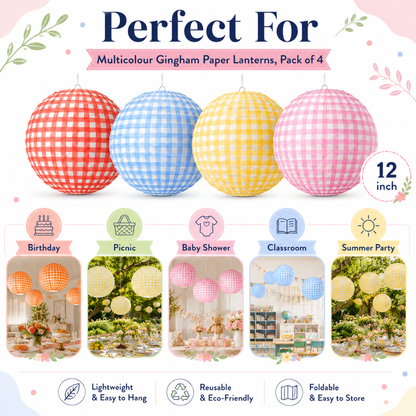 Multicolour Gingham Paper Lanterns - 4PC