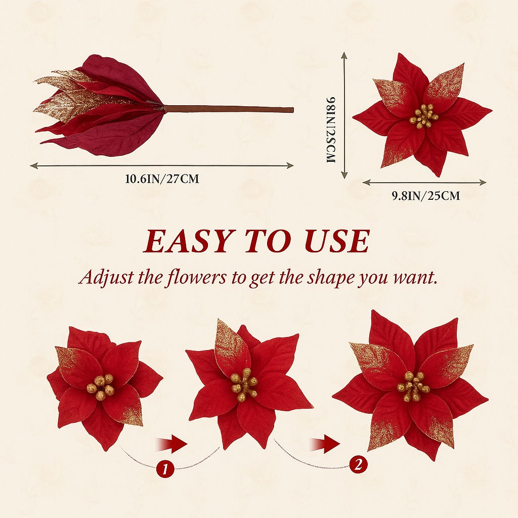 Large Red Poinsettia Leaves with Golden Glitter - 1PC