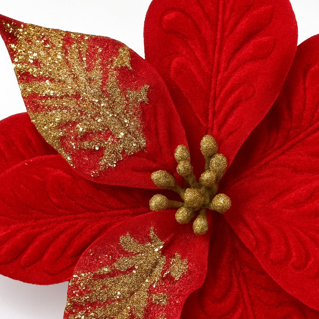 Large Red Poinsettia Leaves with Golden Glitter - 1PC