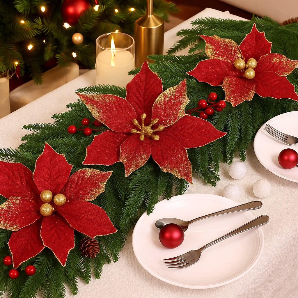 Large Red Poinsettia Leaves with Golden Glitter - 1PC