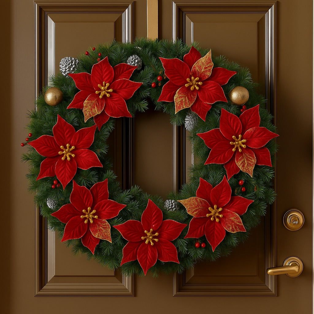 Large Red Poinsettia Leaves with Golden Glitter - 1PC