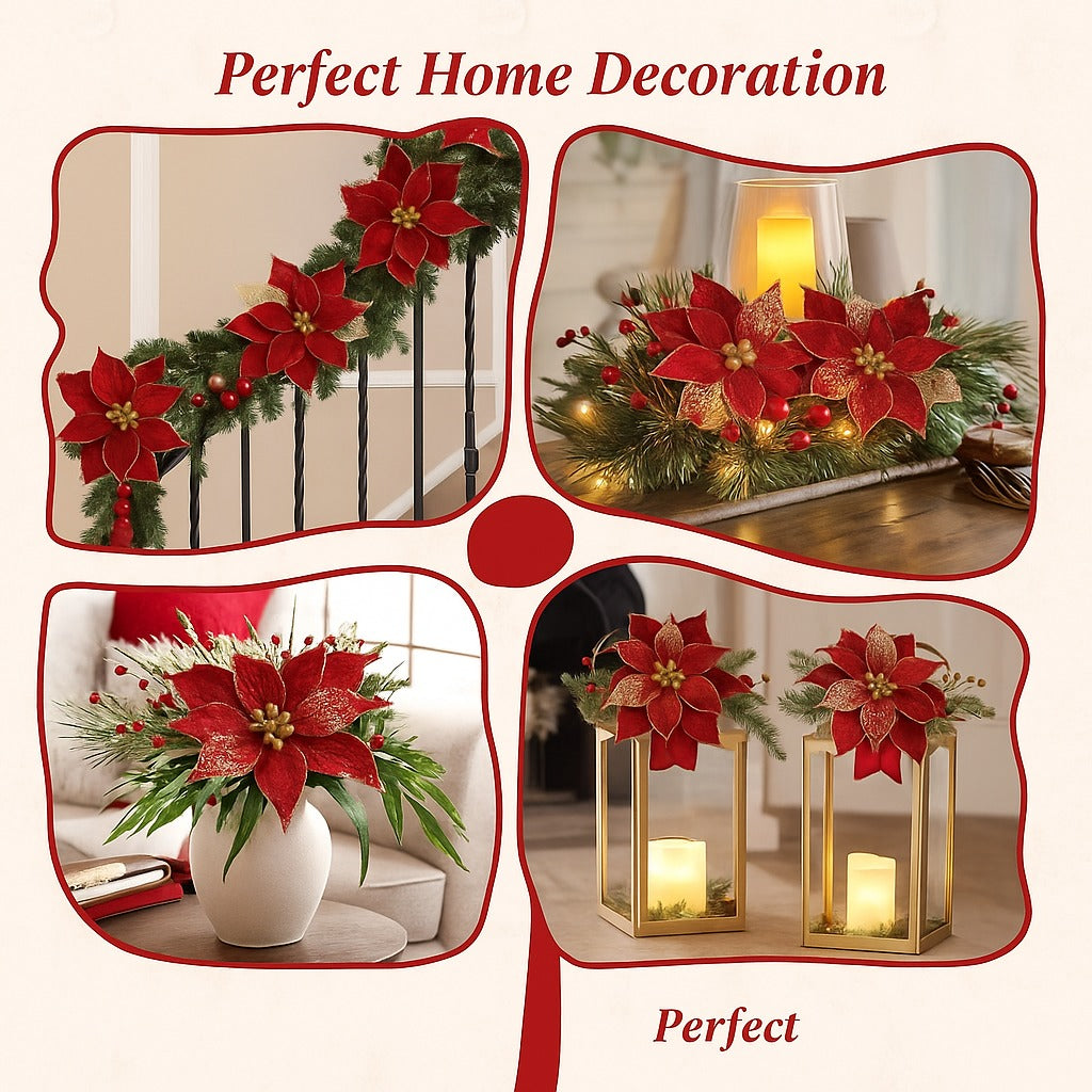 Large Red Poinsettia Leaves with Golden Glitter - 1PC