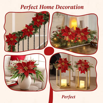Large Red Poinsettia Leaves with Golden Glitter - 1PC