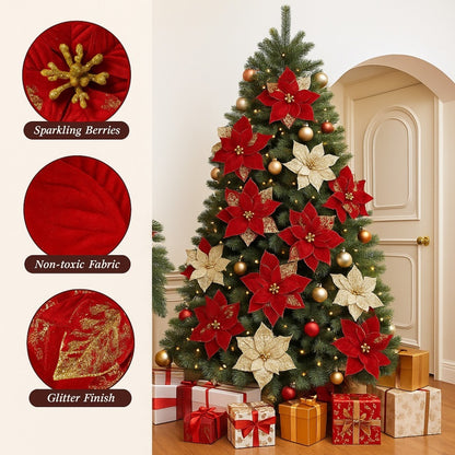 Large Red Poinsettia Leaves with Golden Glitter - 1PC