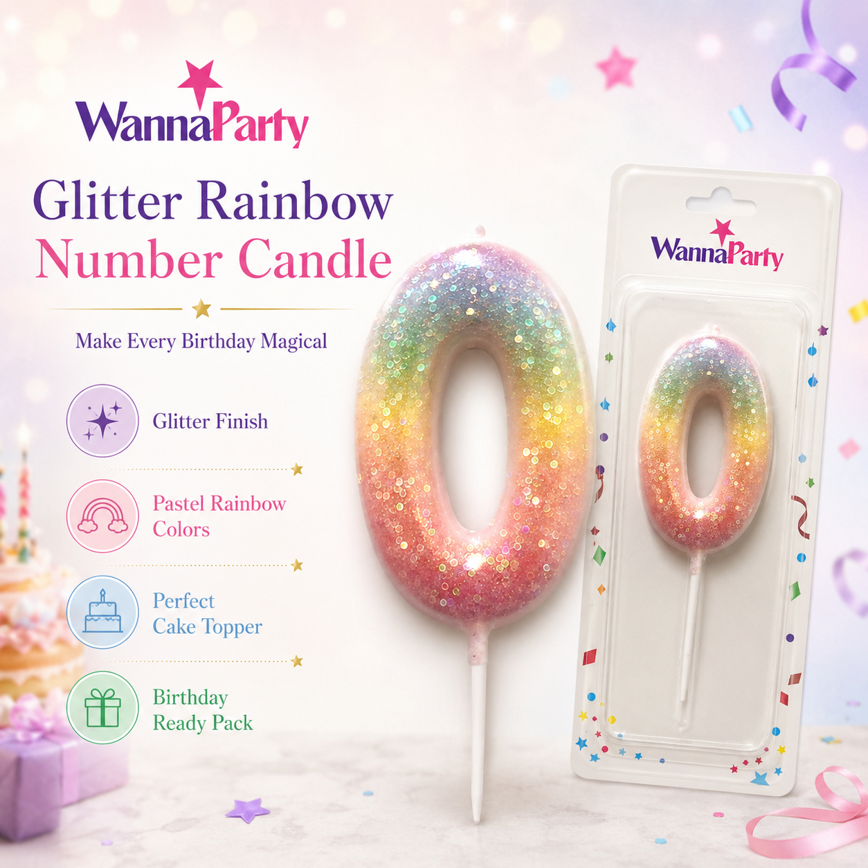 Three Color Gradient Glitter Candle Number 0