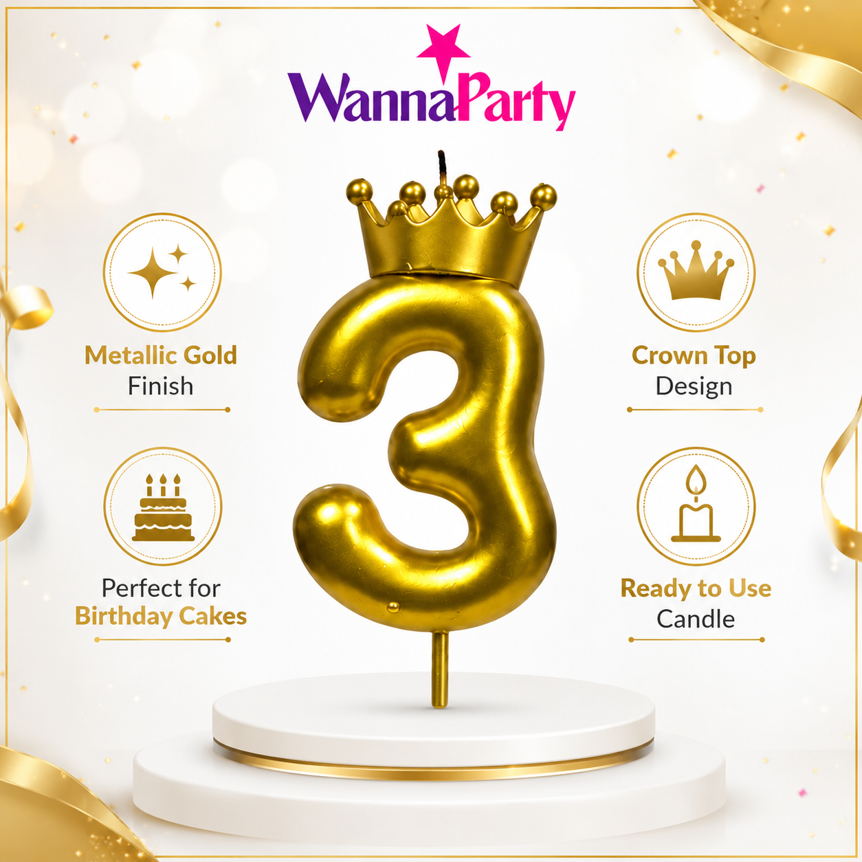 Golden Crown Candle Number 3 | Metallic Finish | Medium Size