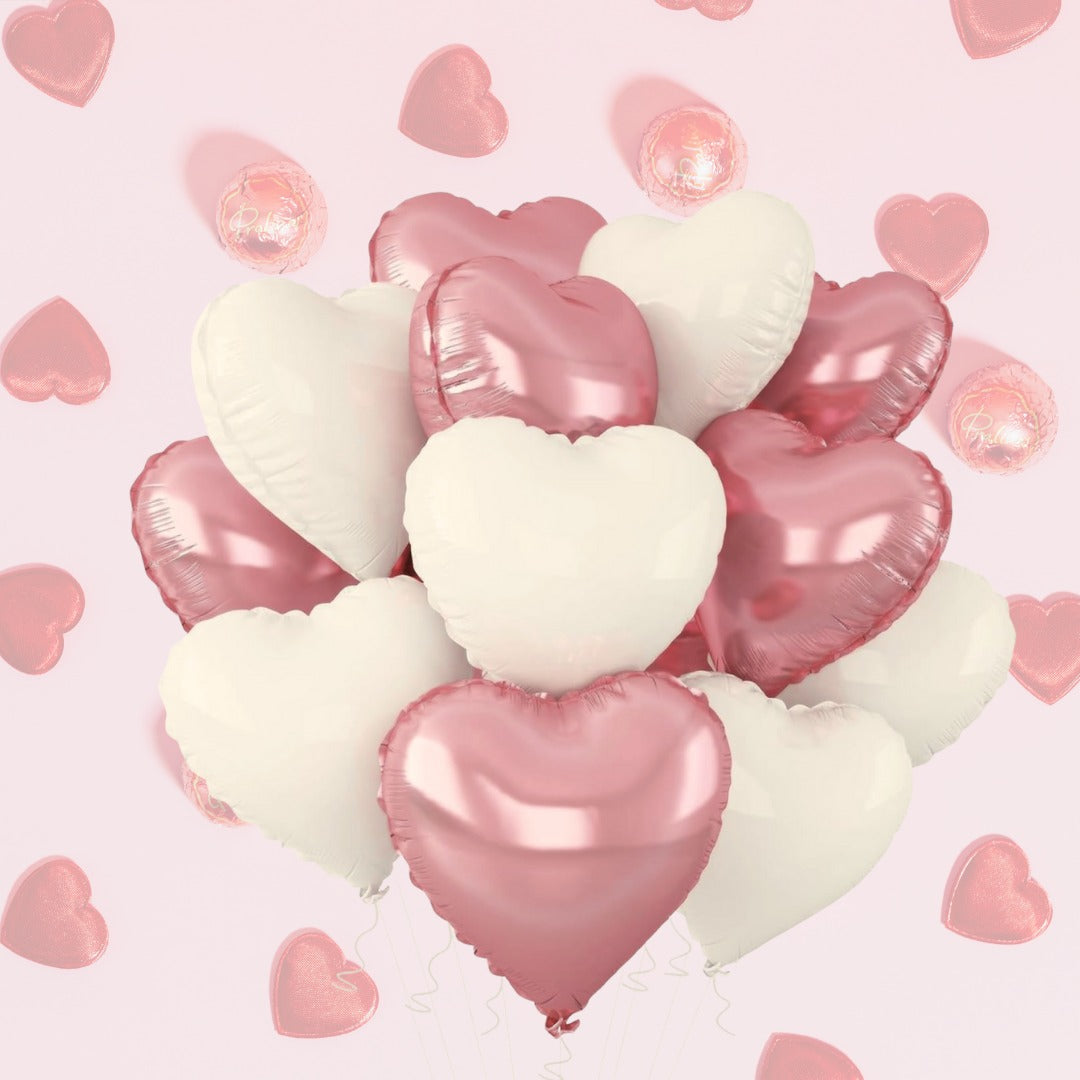 Pink and White Heart Pastel Foil Balloons Set - Pack of 10