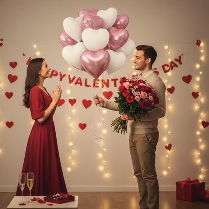 Pink and White Heart Pastel Foil Balloons Set - Pack of 10