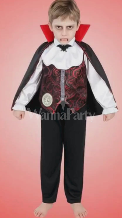 Scary Vampire Costume w/ Neck Choker, Vest, Pants & Cape for Kids - Size L - Age 7 to 9 Years