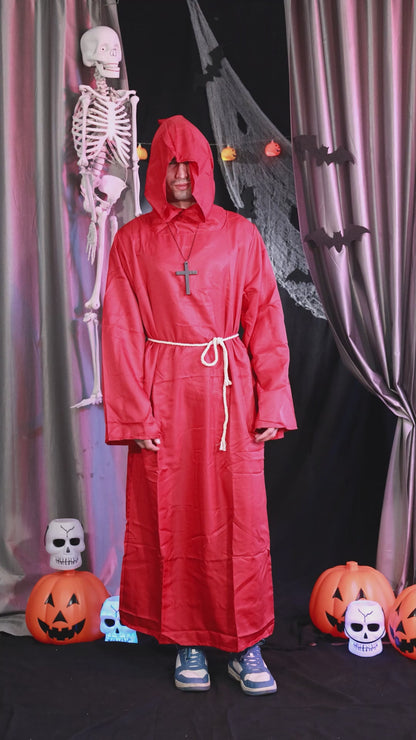 Draconian Priest Red Robe w/Rope, Hood and Cross Sign - Size L - Chest - 46 inches