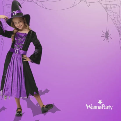 Maleficient Costume with Black Leathery Vest, Black Capes with Black and Purple Feathers and Black Maleficient Glittery Headband - Size L - Age 8 to 10